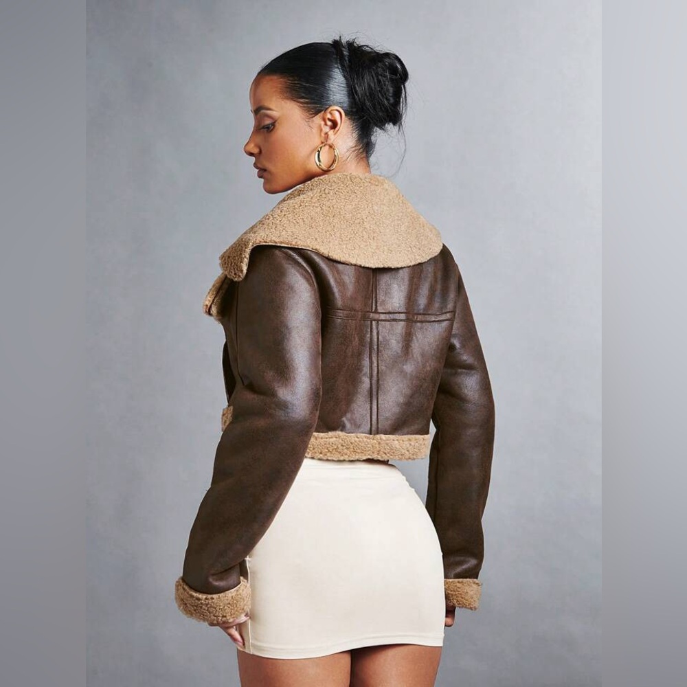 SHEIN X Carly Lawrence Khaki Fluffy Faux Shearling Jacket Brown - US 4/S - Picture 4 of 16